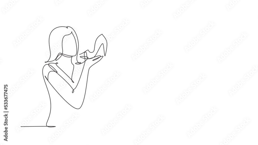Animated self drawing of continuous line draw addicted from high heels, young woman kissing her new shoes. Hobby of teenage beautiful girl with her shoe collection. Full length single line animation Animated self drawing of continuous line draw addicted from high heels, young woman kissing her new shoes. Hobby of teenage beautiful girl with her shoe collection. Full length single line animation