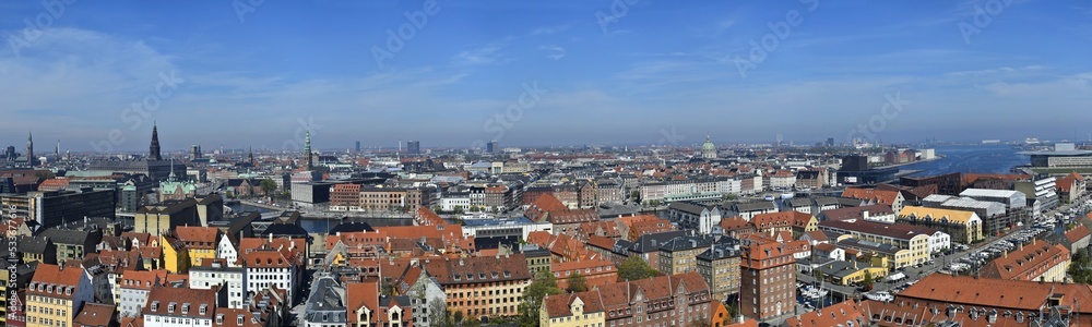 Panorama of Copenhagen, Denmark, old city skyline.