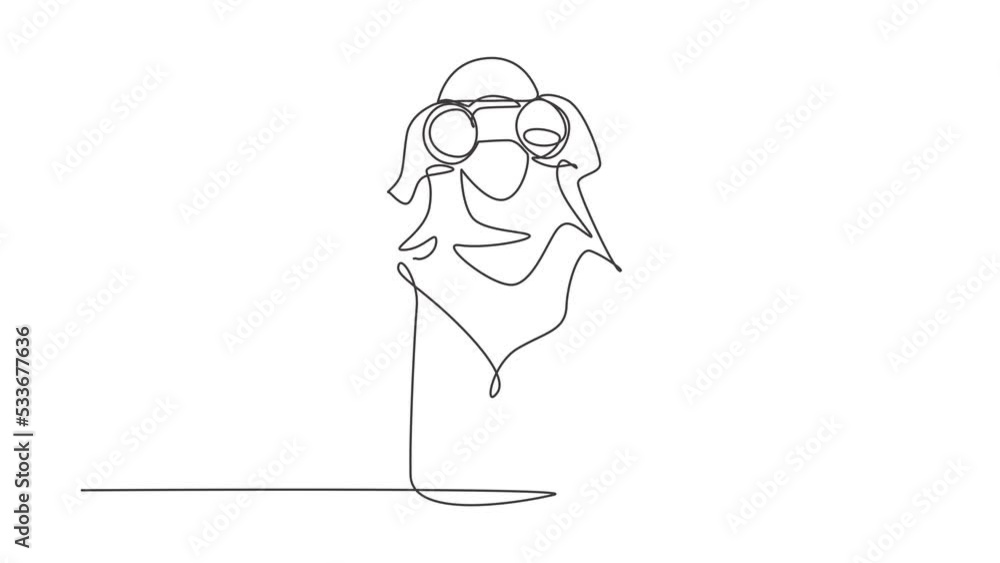 Animated self drawing of continuous line draw Arab business woman looking through binoculars searching for job. Find all opportunities in the world of suitable jobs. Full length one line animation Animated self drawing of continuous line draw Arab business woman looking through binoculars searching for job. Find all opportunities in the world of suitable jobs. Full length one line animation