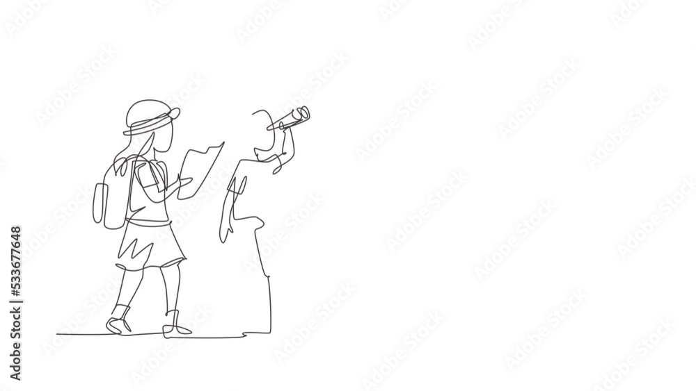 Animated self drawing of continuous line draw scout boy and girl with binoculars and map. Children scout adventure camping concept. Hiking recreational tourism group. Full length single line animation Animated self drawing of continuous line draw scout boy and girl with binoculars and map. Children scout adventure camping concept. Hiking recreational tourism group. Full length single line animation