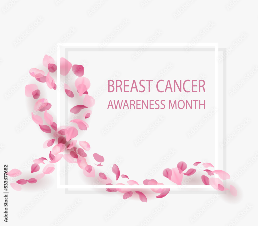 Breast cancer awareness month. Background with pink ribbon made of pink flying petals and frame. Vector illustration. For web banner, print, poster, header