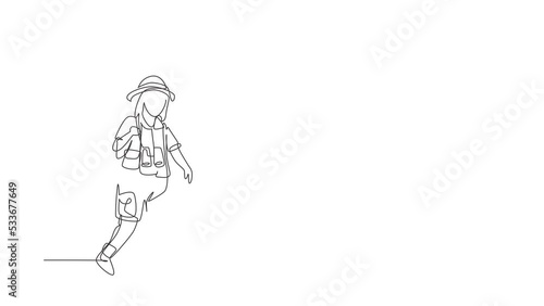Wallpaper Mural Animated self drawing of continuous line draw girl wearing safari outfit complete with hat carrying bag and draping binoculars. Little adventurer learns about nature. Full length single line animation Torontodigital.ca