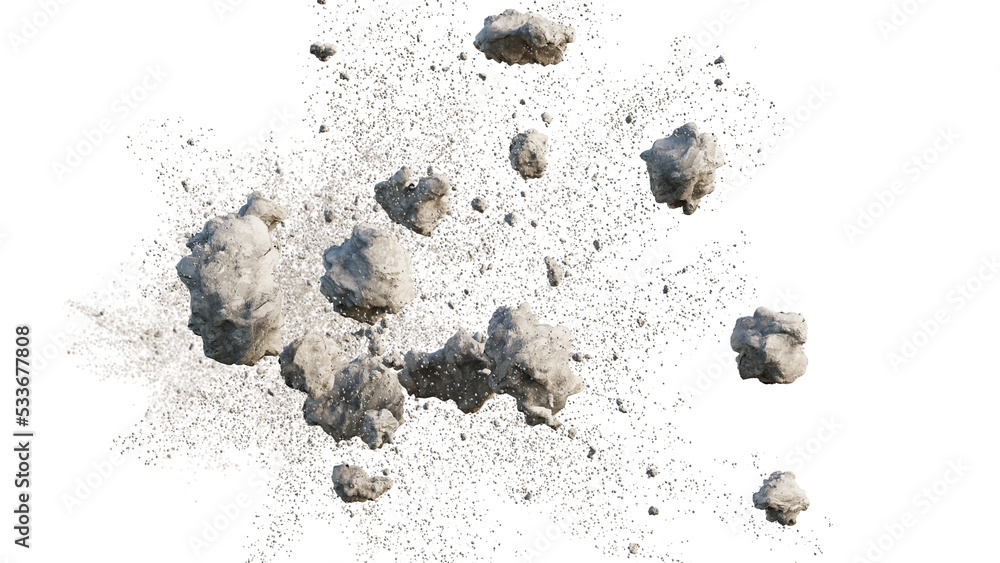 flying debris with dust on black background