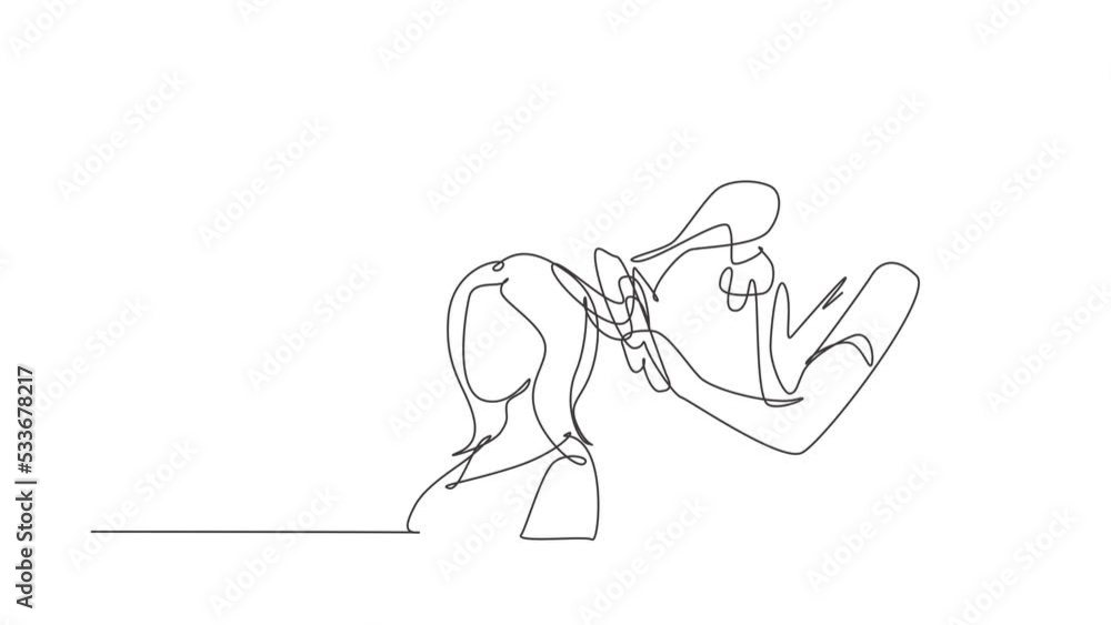 Self drawing animation of single line draw woman in hair salon. Going for change of style, discussing hairstyling with her hairdresser holding hair dryer. Continuous line draw. Full length animated Self drawing animation of single line draw woman in hair salon. Going for change of style, discussing hairstyling with her hairdresser holding hair dryer. Continuous line draw. Full length animated