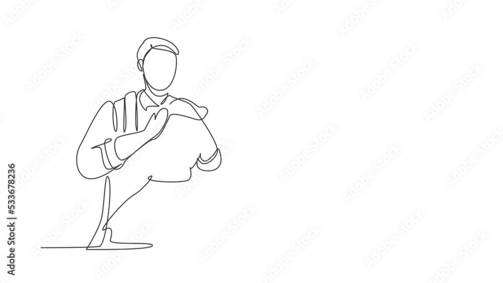 Animated self drawing of continuous line draw classy barber shop hairdresser is turning client`s head to present his work for him. Hairdo looks trendy, so perfect. Full length one line animation Animated self drawing of continuous line draw classy barber shop hairdresser is turning client`s head to present his work for him. Hairdo looks trendy, so perfect. Full length one line animation