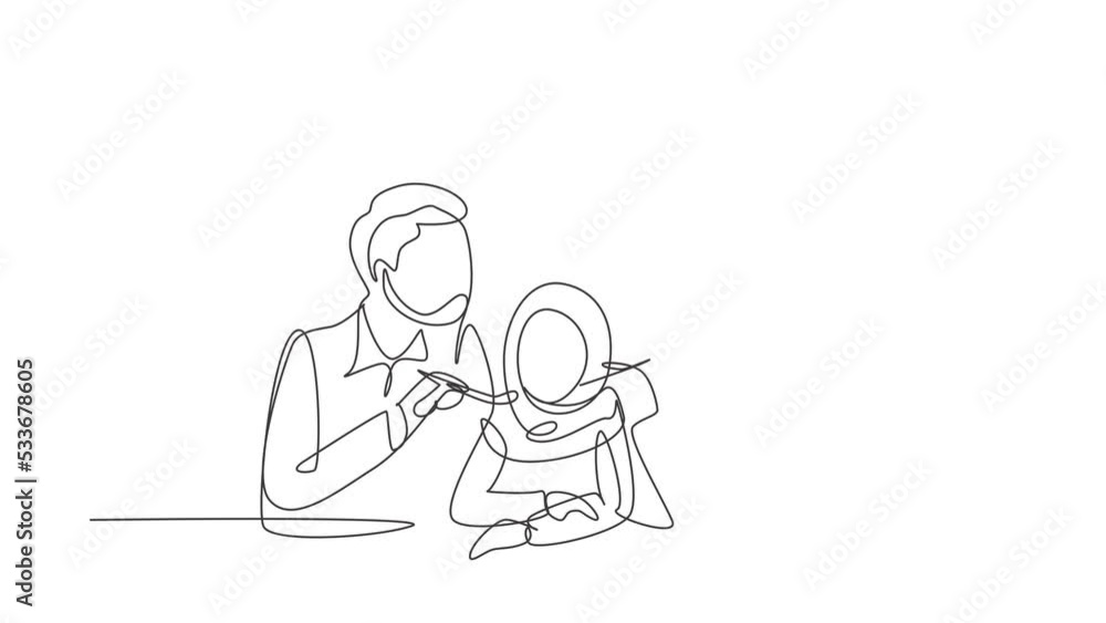 Animated self drawing of continuous line draw Arabian family having fun together in restaurant. Parents feeds they daughter with love. Happy little family concept. Full length one line animation Animated self drawing of continuous line draw Arabian family having fun together in restaurant. Parents feeds they daughter with love. Happy little family concept. Full length one line animation