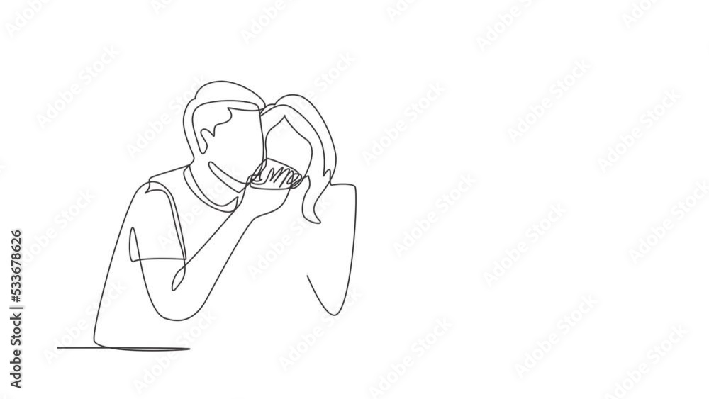 Self drawing animation of single line draw young beautiful couple sharing pizza cut. Celebrate anniversaries and enjoy romantic lunch at modern restaurant. Continuous line draw. Full length animated