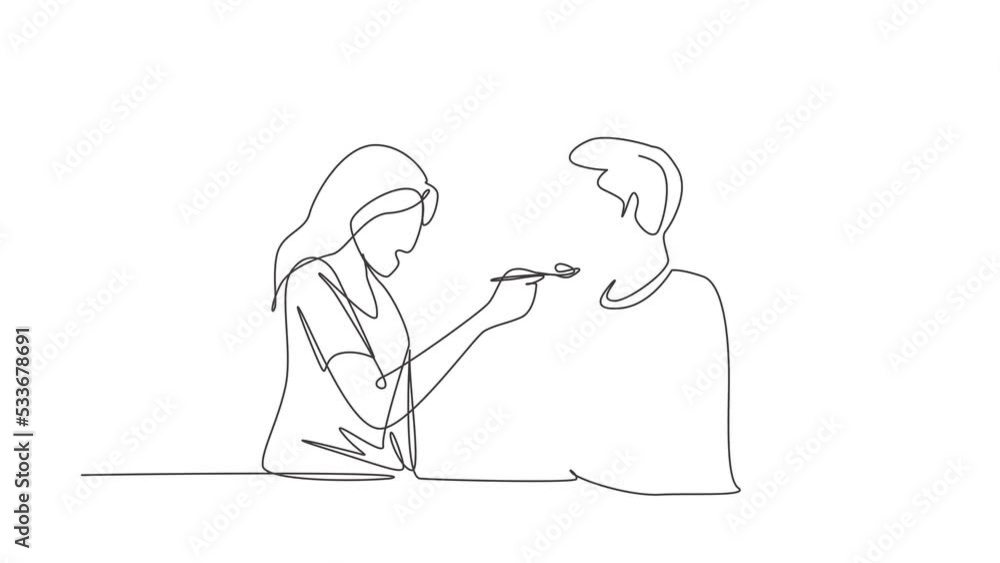 Animated self drawing of continuous one line draw romantic young couple feeding each other. Having fun dinner together at restaurant. Celebrate wedding anniversaries. Full length single line animation Animated self drawing of continuous one line draw romantic young couple feeding each other. Having fun dinner together at restaurant. Celebrate wedding anniversaries. Full length single line animation