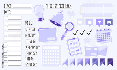 Stickers Set of office elements like a calendar, clock or coffee in flat style. Date, place, to do, days of the week and calendar stickers for notebook, diary, organizer or planner.	