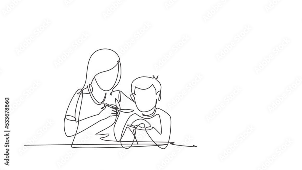 Self drawing animation of single one line draw young family having fun together in restaurant. Parents feeds they boy with love. Happy little family concept. Continuous line draw. Full length animated