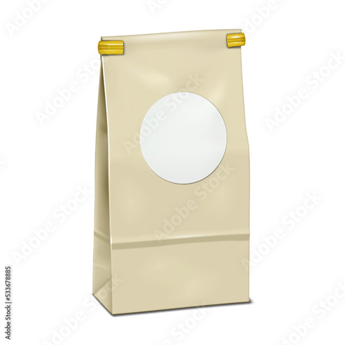 Blank tin tie paper bag with round label sticker vector mockup. Resealable pouch package for coffee, tea, snacks and other foods mock-up