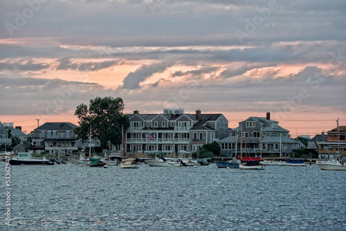 nantucket harbor view at sunset photo