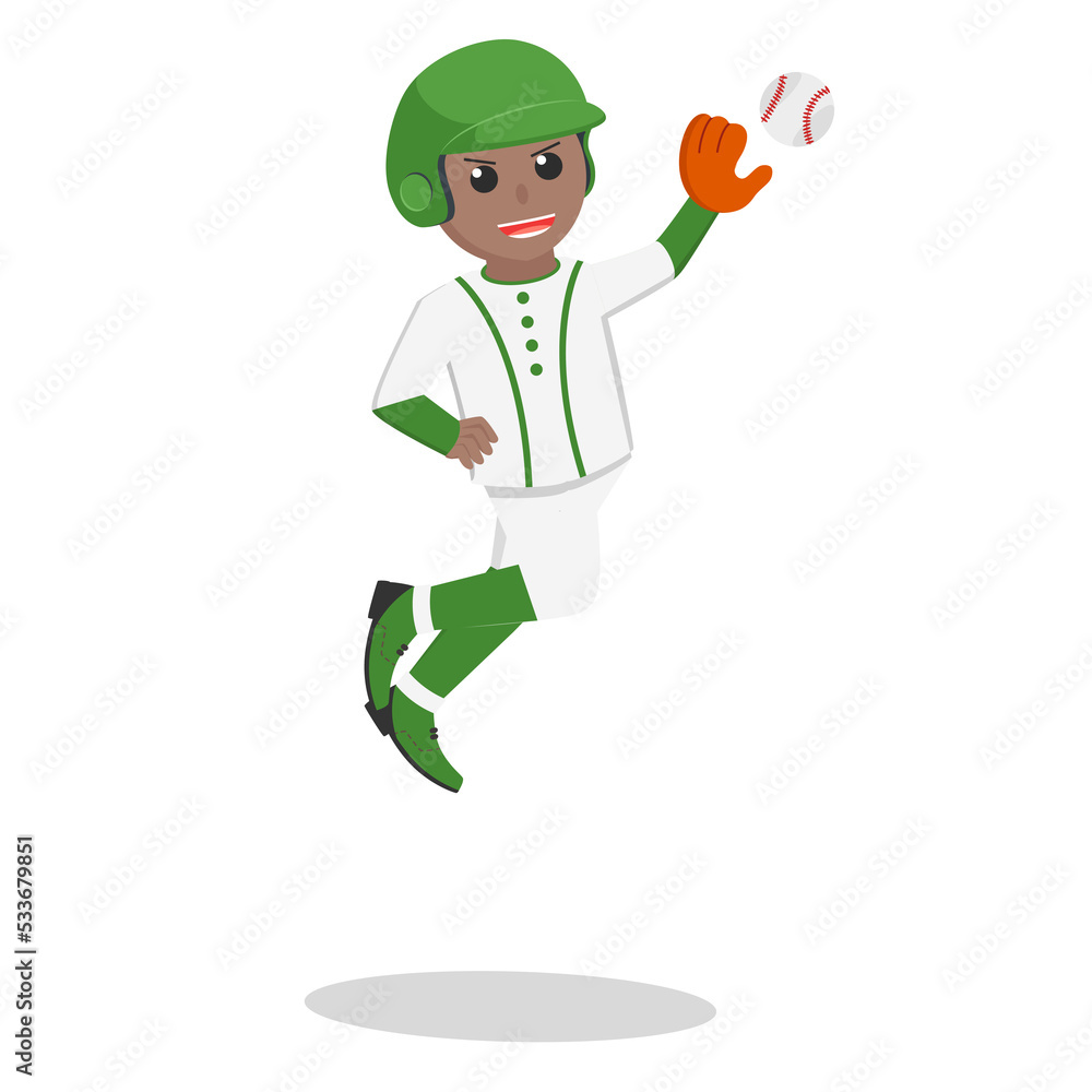 Baseball player african jumping And Catch The Ball design character on white background