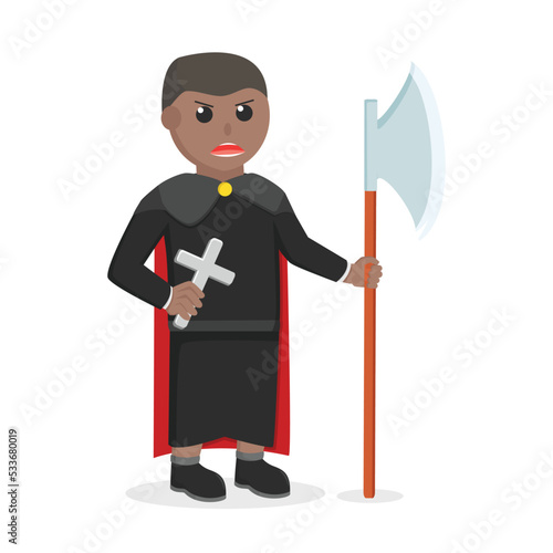 black monk african holding big  axe and cross design character on white background