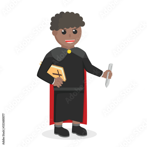 black monk african holding stake and bible design character on white background
