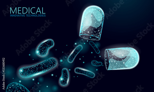 Bacteria 3D low poly render probiotics. Healthy normal digestion flora of human intestine yoghurt production. Modern science technology medicine allergy immunity thearment vector illustration