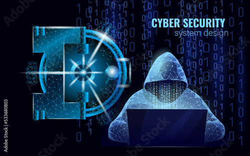 Internet security cyber attack business concept low poly. Anonymous hacker at the laptop computer blue finance danger. Server room rack polygonal point line dot geometric design vector illustration