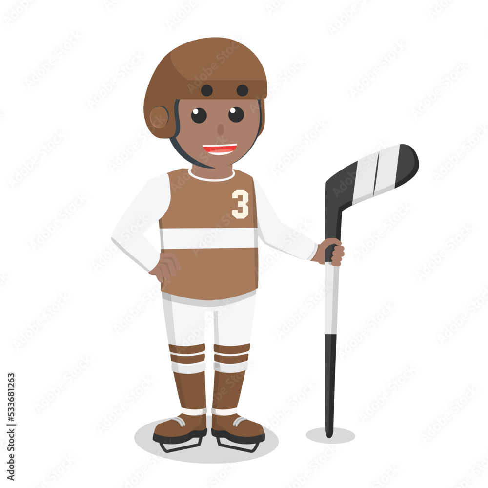 Hockey Player african holding stick hockey design character on white background Hockey Player african holding stick hockey design character on white background