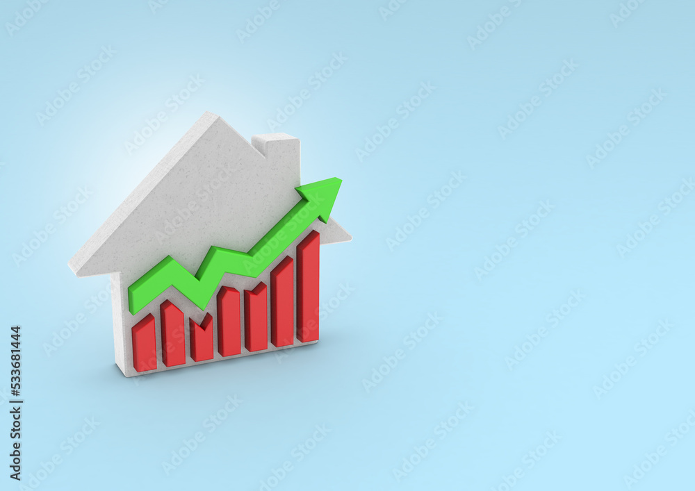 3D Illustration of a House and Financial Graphics Investing in real estate. Real estate rental. Buying a house or apartment. Financial Interest. 3D Illustration of a House and Financial Graphics Investing in real estate. Real estate rental. Buying a house or apartment. Financial Interest.