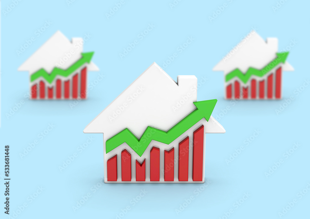 3D Illustration of a House and Financial Graphics Investing in real estate. Real estate rental. Buying a house or apartment. Financial Interest. 3D Illustration of a House and Financial Graphics Investing in real estate. Real estate rental. Buying a house or apartment. Financial Interest.