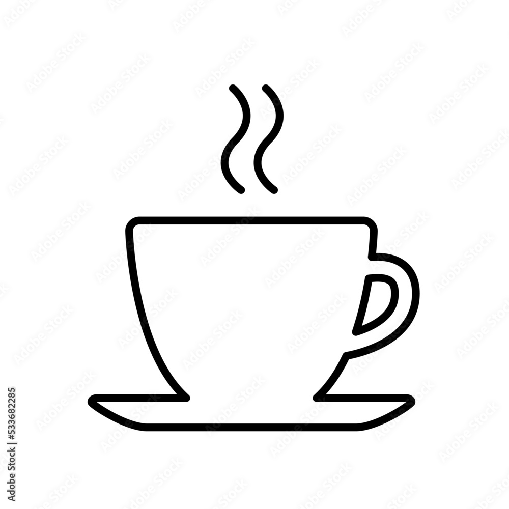Black line silhouette of a cup with a hot drink. Tea or coffee. Lunch break symbol. Icon logo for cafe, coffee shop. Vector black and white isolated illustration Black line silhouette of a cup with a hot drink. Tea or coffee. Lunch break symbol. Icon logo for cafe, coffee shop. Vector black and white isolated illustration