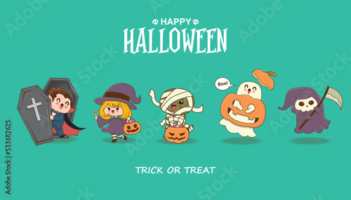 Vintage Halloween poster design with vector vampire, witch, mummy, ghost, jack o lantern, reaper character. 