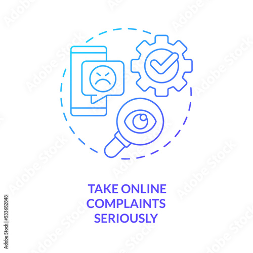 Take online complaints seriously blue gradient concept icon. Food industry customer satisfaction abstract idea thin line illustration. Isolated outline drawing. Myriad Pro-Bold font used