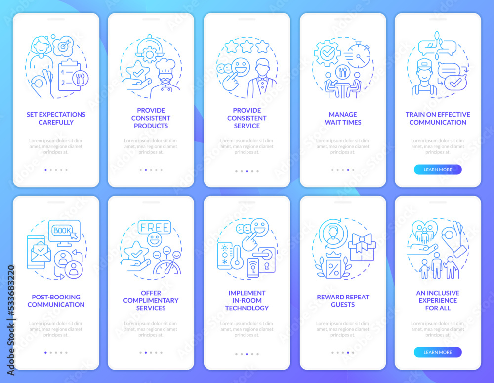 Excellent customer service in restaurant gradient onboarding mobile app screen set. Walkthrough 5 steps graphic instruction with linear concepts. UI, UX template. Myriad Pro-Bold, Regular fonts used Excellent customer service in restaurant gradient onboarding mobile app screen set. Walkthrough 5 steps graphic instruction with linear concepts. UI, UX template. Myriad Pro-Bold, Regular fonts used