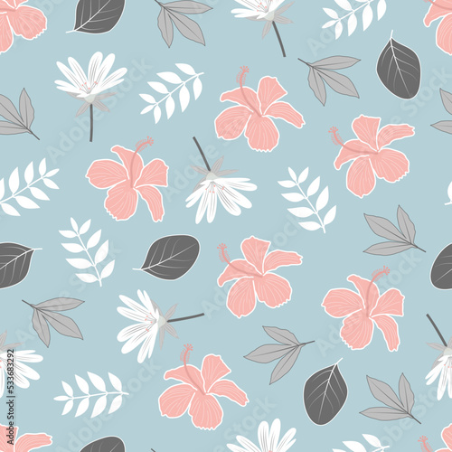 Elegant trendy vector floral seamless pattern design of hibiscus flowers and branches of leaves for textile and printing. Repeat texture background © KaziAnatul