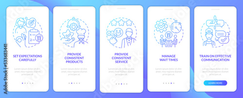 Customer service in food industry blue gradient onboarding mobile app screen. Walkthrough 5 steps graphic instruction with linear concepts. UI, UX, GUI template. Myriad Pro-Bold, Regular fonts used