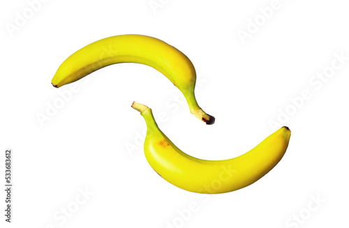 Two yellow bananas placed on a transparent background, creating a minimalist wavy shape.
