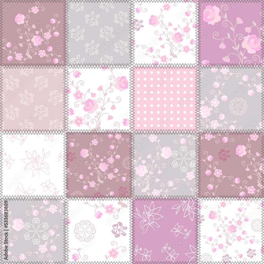 Seamless patchwork pattern of squares with roses, butterflies and polka dot ornament in vintage style. Print for fabric, wallpaper in soft pink, white, cocoa with milk color scheme.