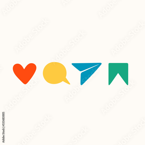 Like, share, save and repost stickers for a social media, making a blog or vlog vector flat illustration. Set of cartoon icons for making internet content