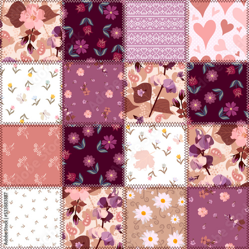 Seamless natural square patchwork pattern with flowers, leaves and paisley in purple, pink and white color scheme. Fashionable summer print for fabric.
