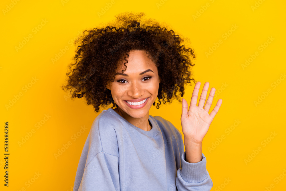 Portrait of cheerful lovely cute person toothy smile arm plan waving hi isolated on yellow color background