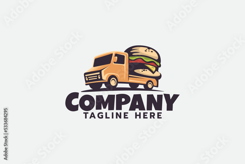 burger truck logo with a truck carrying a big burger.