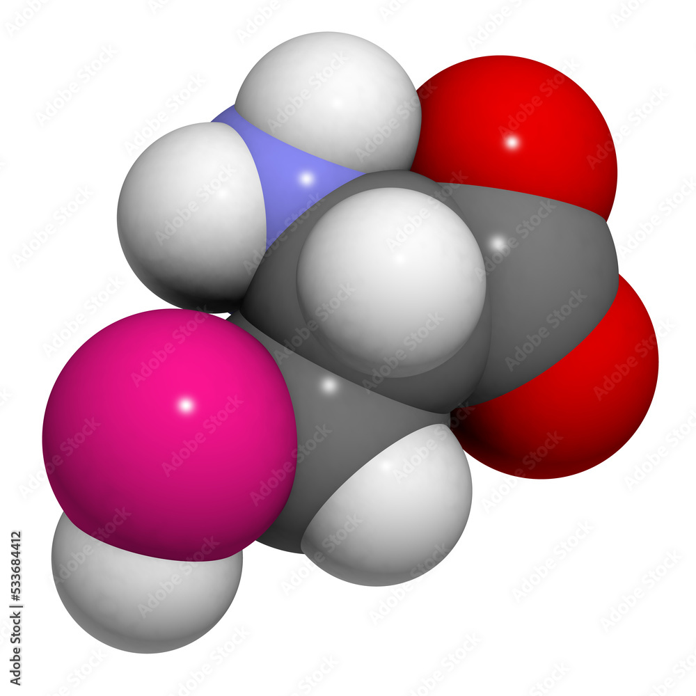 Selenocysteine (Sec, U) amino acid, molecular model. Selenocysteine (Sec, U) amino acid, molecular model.