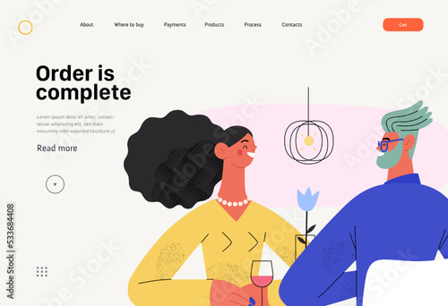 Order is complete - Online shopping and electronic commerce web template - modern flat vector concept illustration of couple sitting in restaurant. Promotion, discounts, sale and online orders concept