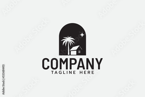 house logo with a combination of house, star and palm tree silhouettes.