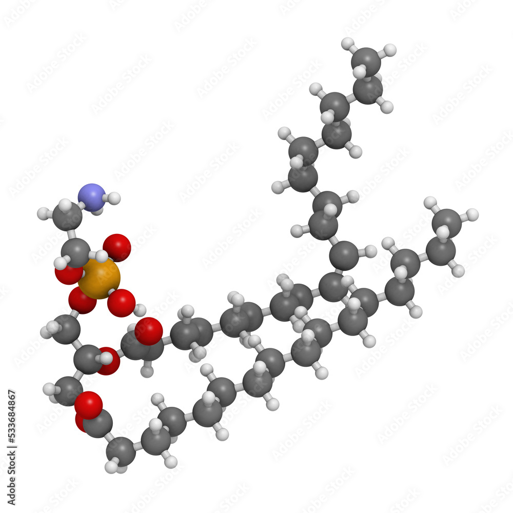 Palmitoyloleoylphosphatidylethanolamine (POPE) cell membrane building block, molecular model. Palmitoyloleoylphosphatidylethanolamine (POPE) cell membrane building block, molecular model.