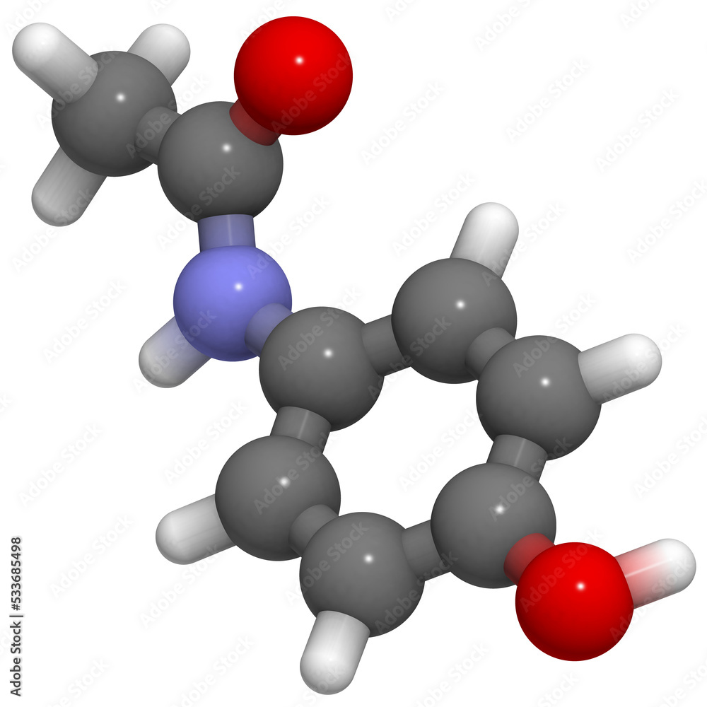 Paracetamol (acetaminophen) molecular structure (3D) Stock