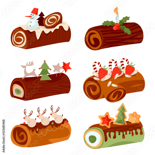 Set of 6 yule log cakes (Bûche de Noël. Traditional french christmas cake)