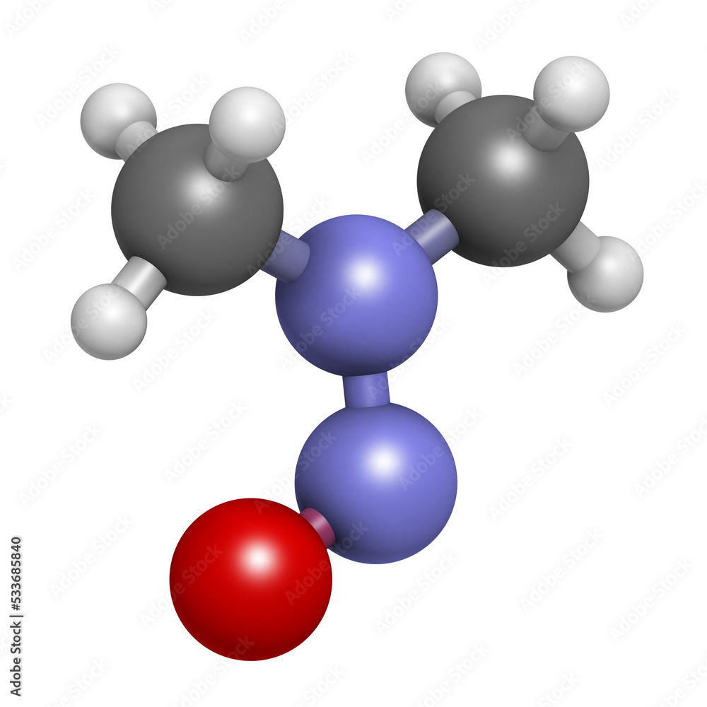 N-Nitrosodimethylamine (dimethylnitrosamine, NDMA, DMN) pollutant molecule. Highly toxic, especially to the liver and suspected carcinogen. N-Nitrosodimethylamine (dimethylnitrosamine, NDMA, DMN) pollutant molecule. Highly toxic, especially to the liver and suspected carcinogen.