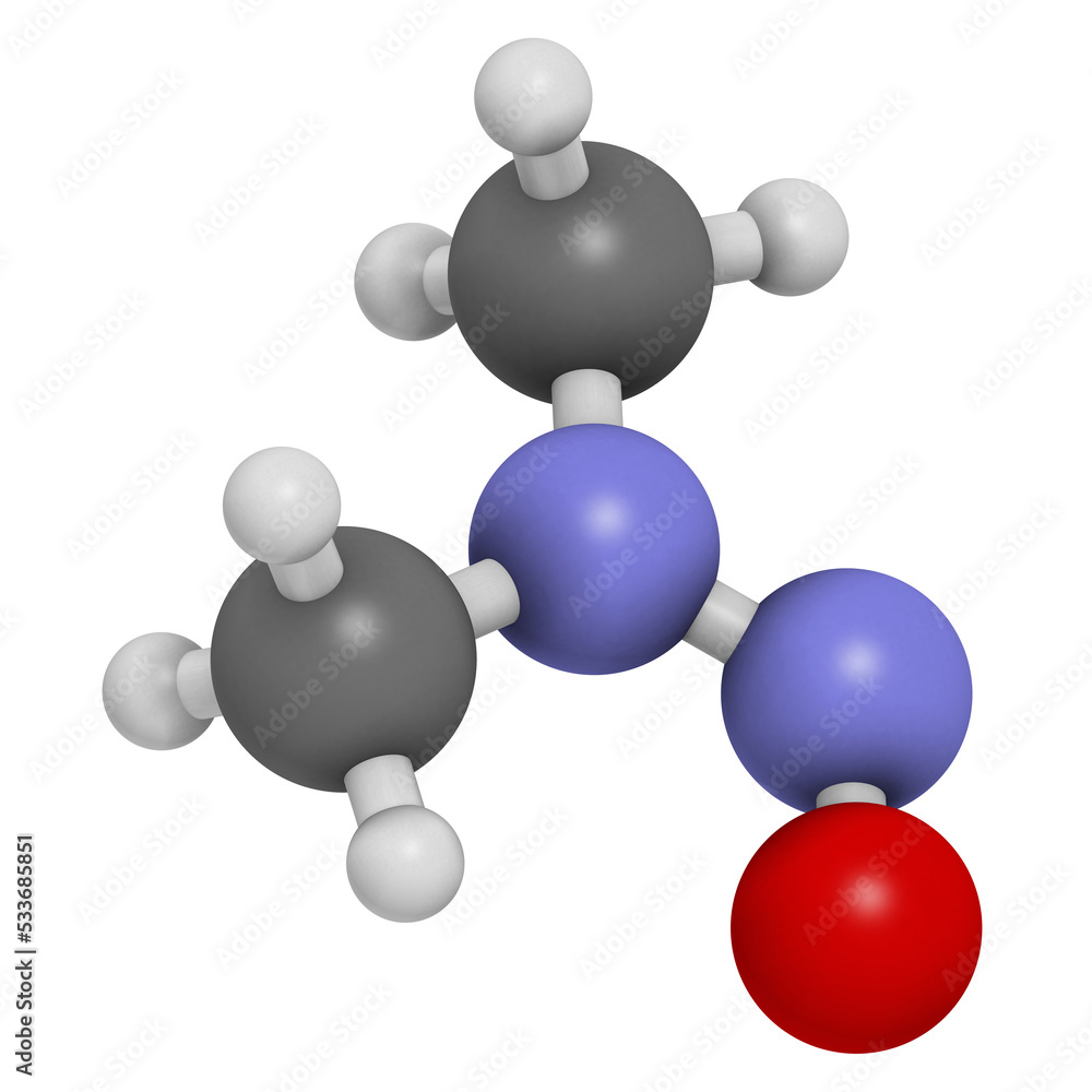 N-Nitrosodimethylamine (dimethylnitrosamine, NDMA, DMN) pollutant molecule. Highly toxic, especially to the liver and suspected carcinogen. N-Nitrosodimethylamine (dimethylnitrosamine, NDMA, DMN) pollutant molecule. Highly toxic, especially to the liver and suspected carcinogen.