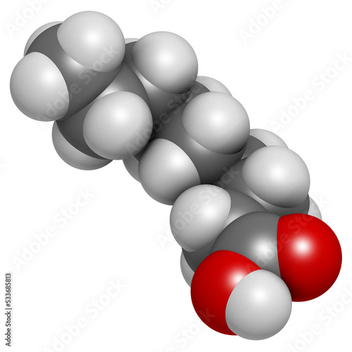 Nonanoic acid  pelargonic acid  molecule. Ammonium salt used as broad-spectrum herbicide.