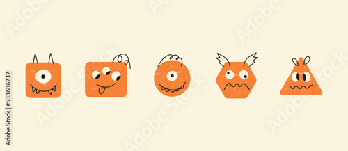 Set of basic geometric figures with cute monster faces.Hand drawn vector illustration