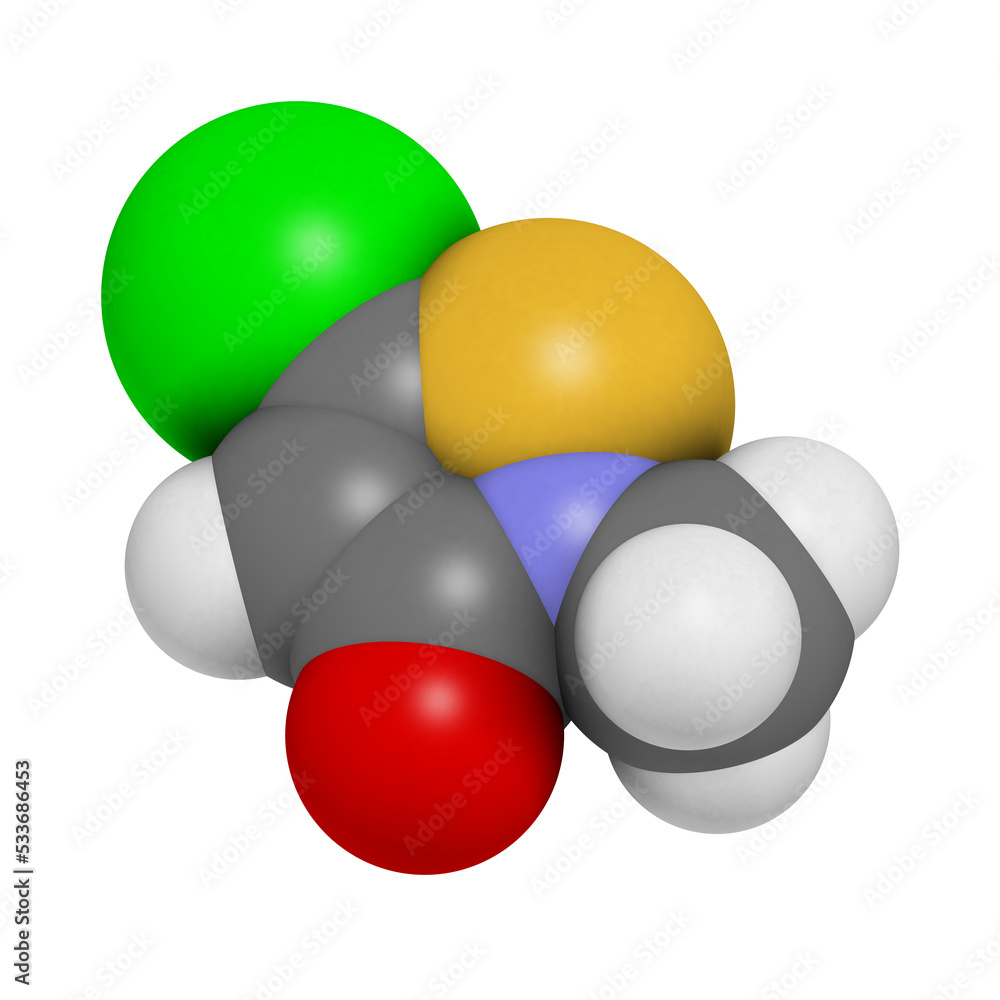 Methylchloroisothiazolinone preservative molecule, chemical structure. Methylchloroisothiazolinone preservative molecule, chemical structure.