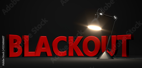 lighting light bulb in front of text blackout - 3D Illustration