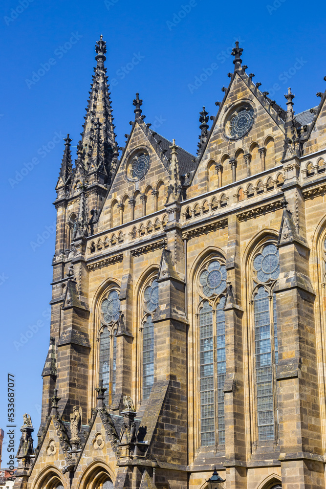 Windows and tower of the Peters church in Leipzig, Germany