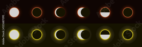 Set of sunset, neon light. Different phases of solar and lunar eclipses. On a black background.
